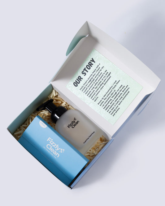 Hand soap kit from Fizzly Clean with foaming bottle and eco-friendly tablets