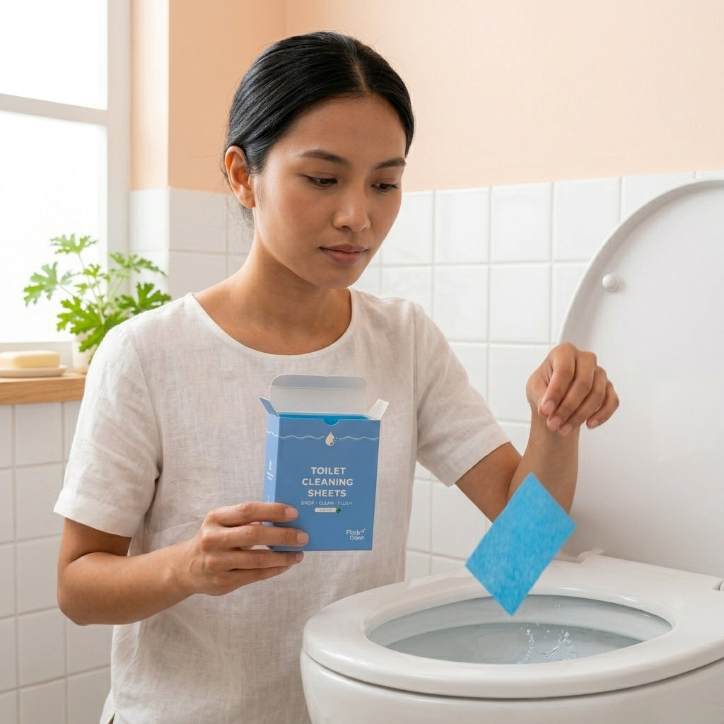 Woman using toilet cleaning sheets in a bathroom