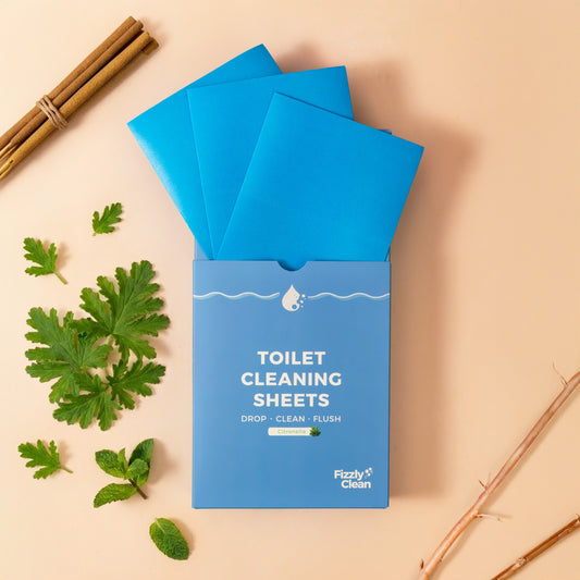 Blue packaging of toilet cleaning sheets with green leaves on a beige background