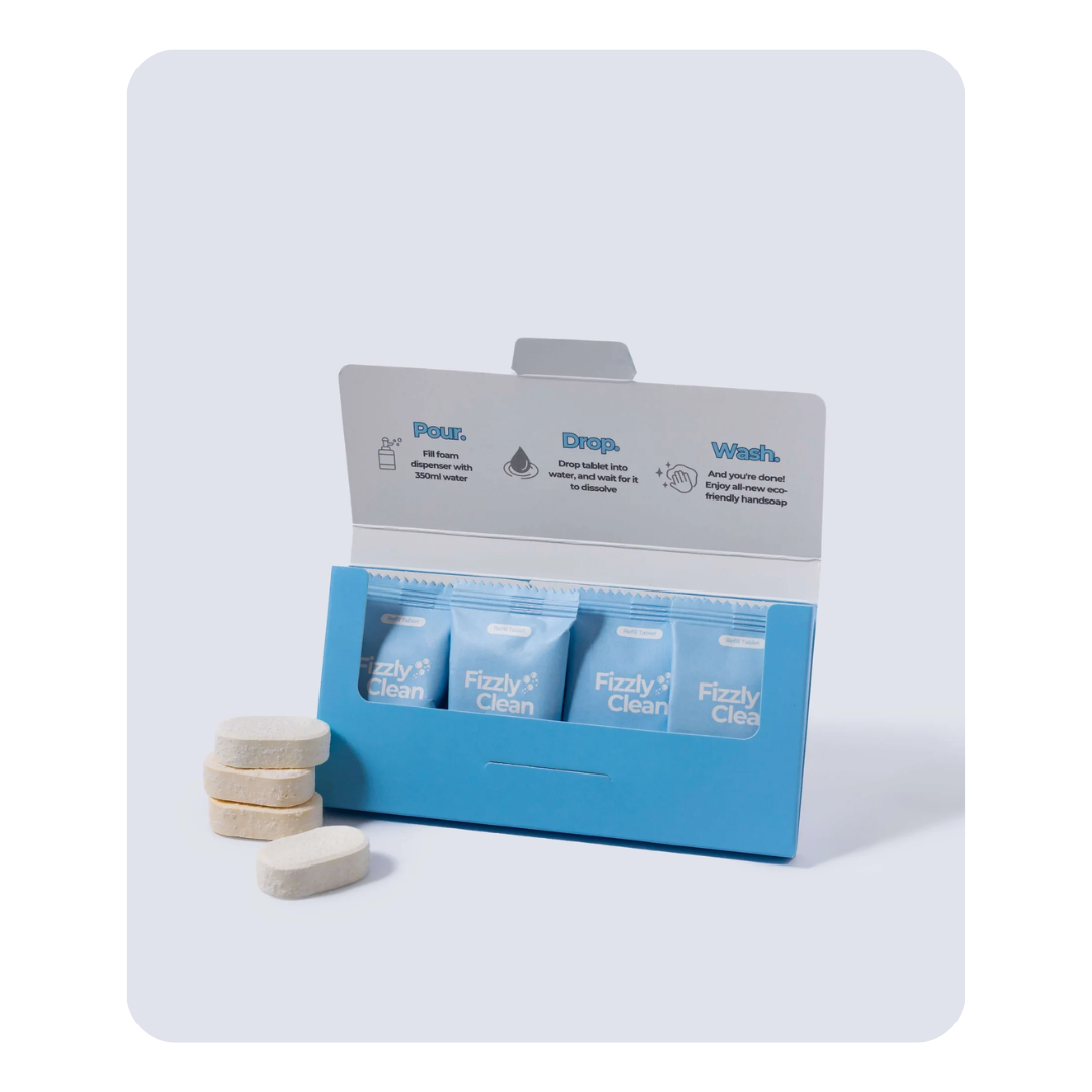 Packaging of Fizzly Clean tablets with a white background