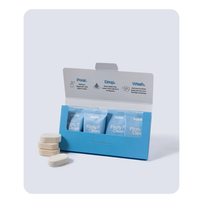 Packaging of Fizzly Clean tablets with a white background