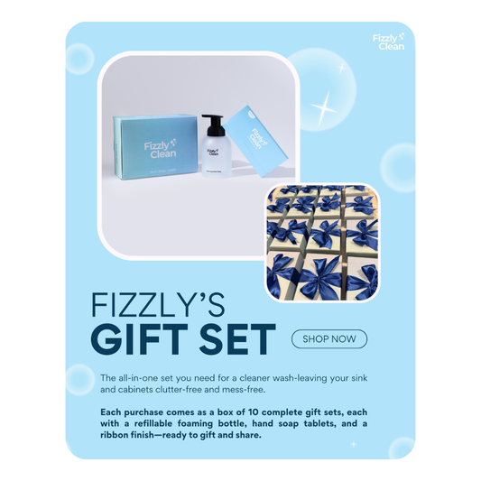 Fizzyly's gift set packaging with cleaning products and text on a light blue background