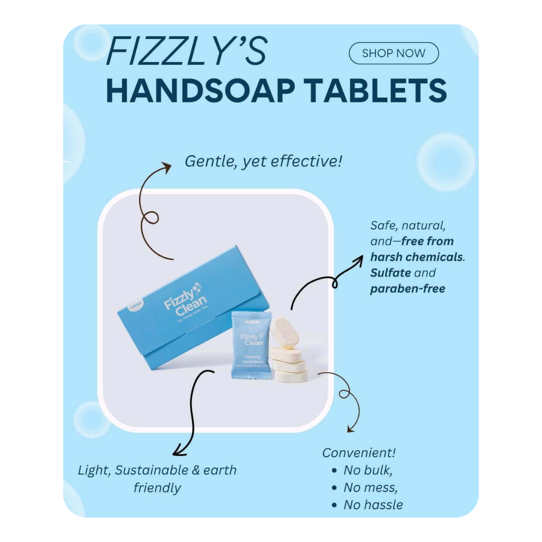 Advertisement for Fizzly's handsoap tablets with product images and text on a light blue background.