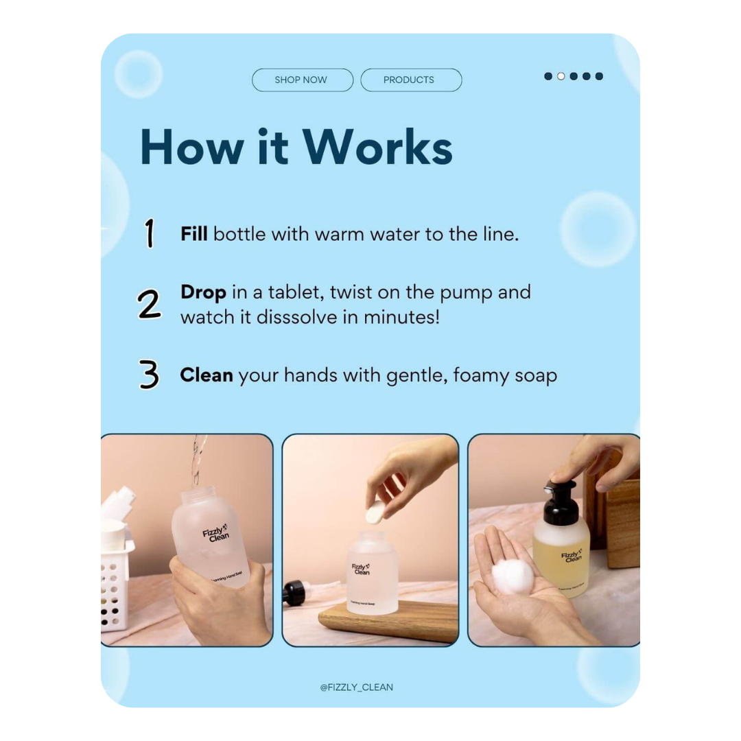 Instructions for using a cleaning product with images of hands and bottles on a light blue background.