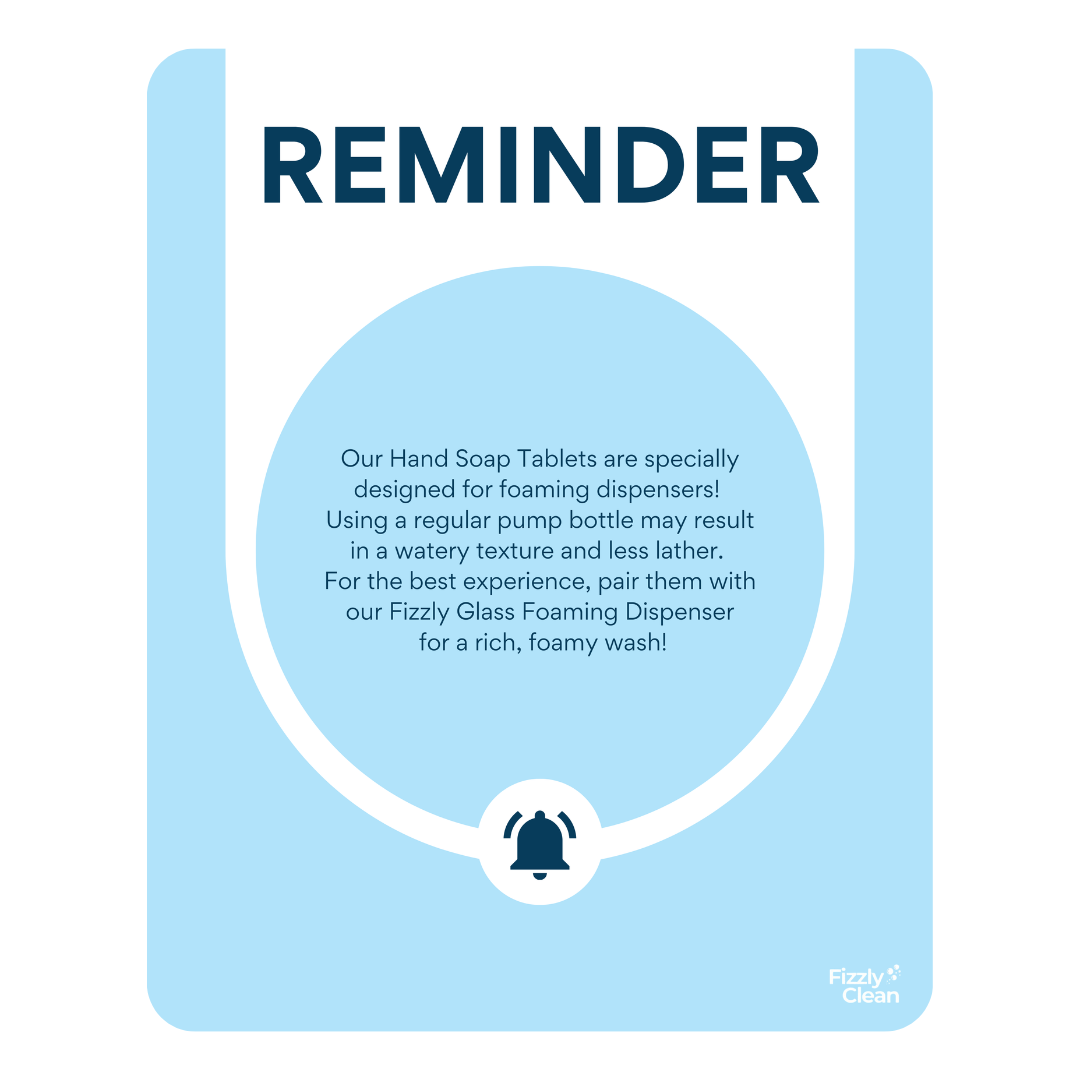 Blue reminder card with text about hand soap tablets and a Fizzy Glass Foaming Dispenser.
