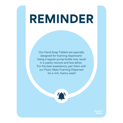 Blue reminder card with text about hand soap tablets and a Fizzy Glass Foaming Dispenser.