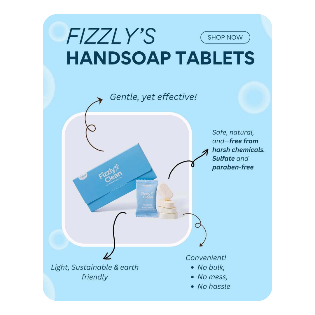 Advertisement for Fizzly's handsoap tablets with product packaging and benefits listed.