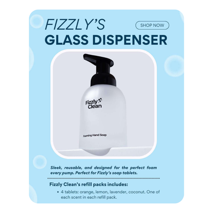 Fizzyly's Glass Dispenser packaging with a white foaming hand soap bottle on a light blue background.