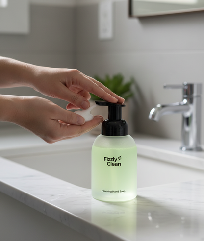 Person using a bottle of Fizzly Clean glass dispenser on a bathroom counter.
