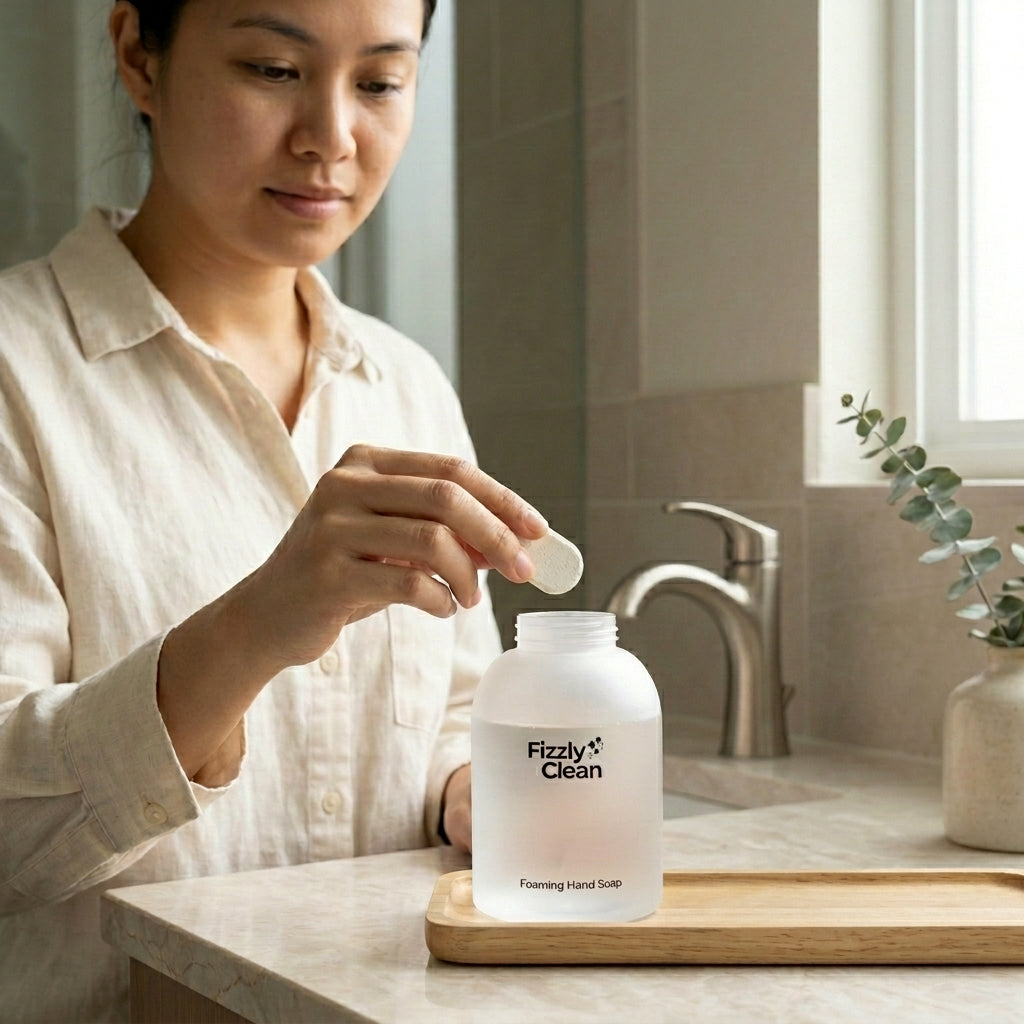 Person using a bottle labeled 'Fizzyly Clean' in a bathroom setting.