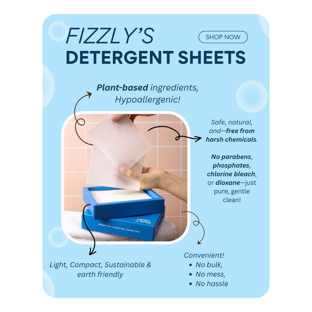 Fizzly's detergent sheets with a blue background and text highlighting plant-based ingredients and hypoallergenic properties.