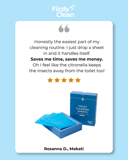 A promotional graphic for Fizzy Clean toilet cleaning sheets, featuring a customer review quote, five stars, and a photo of the blue product box and sheets on a light blue background.