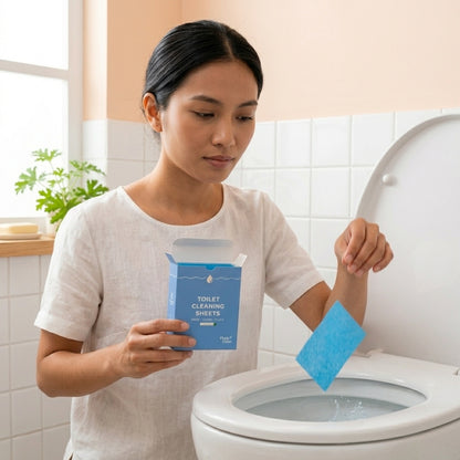 Woman using toilet cleaning sheets in a bathroom