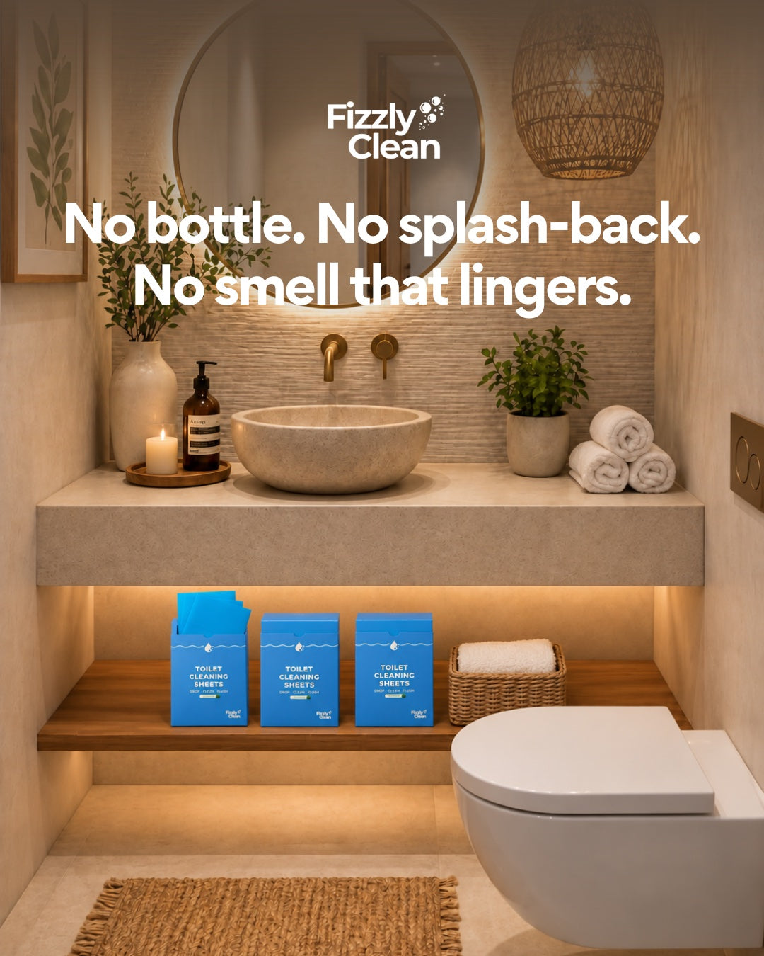 Fizzly Clean Toilet Cleaning Sheets boxes on a lit bathroom shelf beside a wall-hung toilet, captioned 'No bottle. No splash-back. No smell that lingers.'